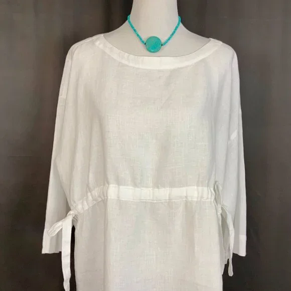 Eileen Fisher Handkerchief Linen Drawstring 3/4 Sleeves Top White Sz L - Picture 4 of 16